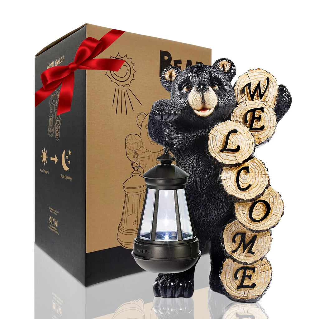 Large Black Bear Statue with Solar Lantern Light Q8423