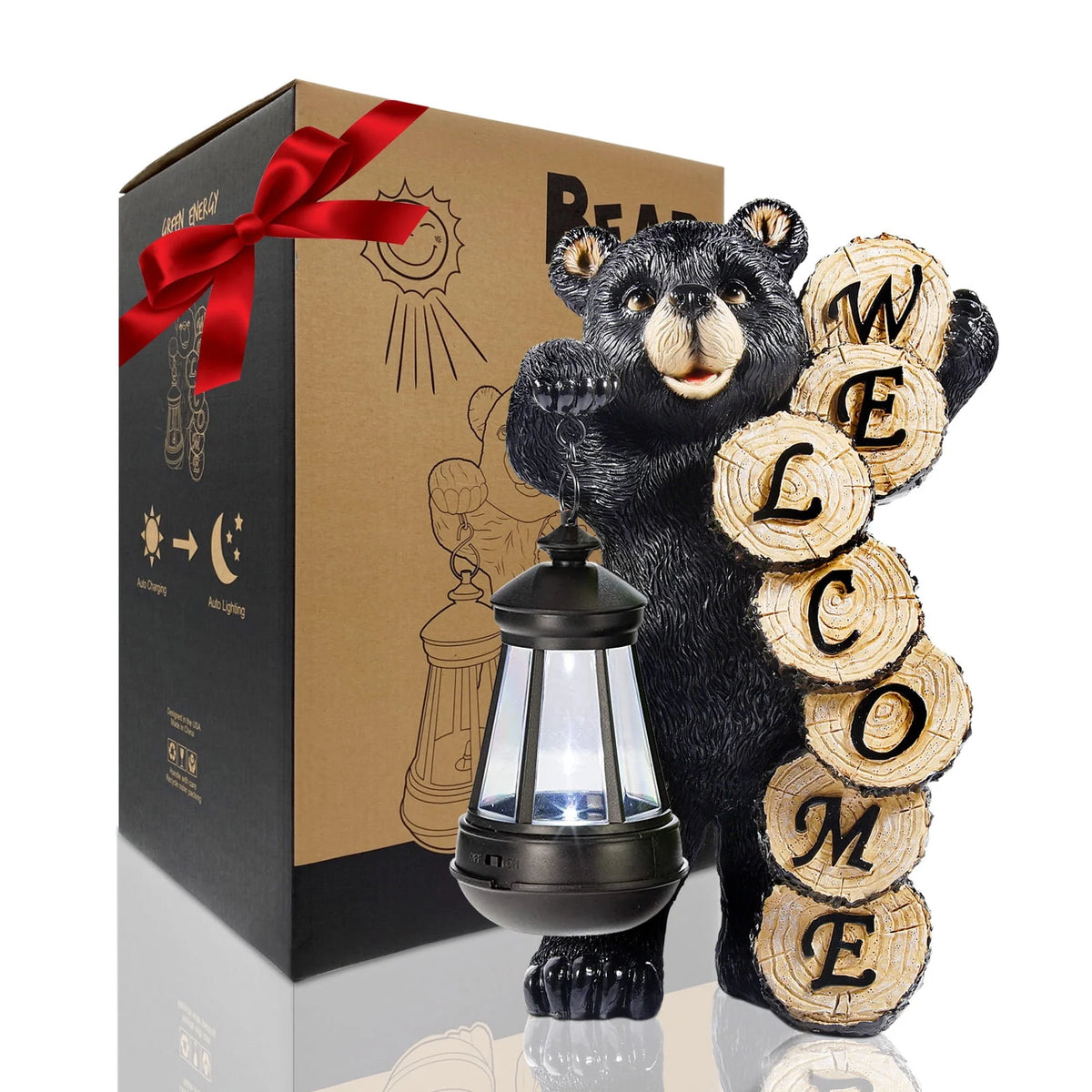 Large Black Bear Statue with Solar Lantern Light Q8423