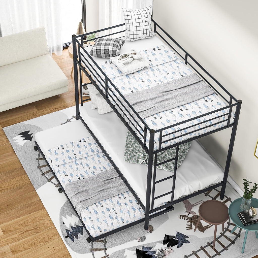 Black Metal Twin over Twin Bunk Bed with Trundle V3997