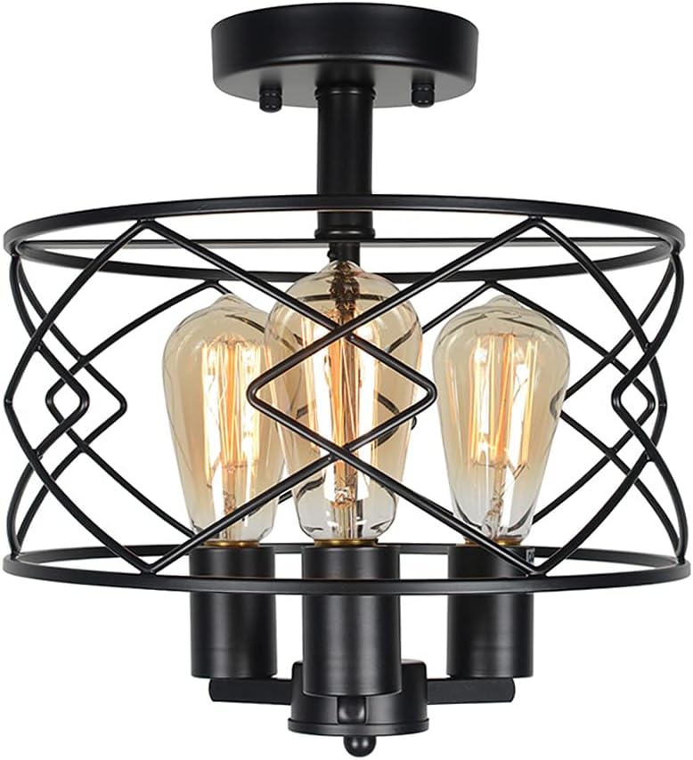Black Metal and Wood Semi Flush Mount Ceiling Light 4 Light V829