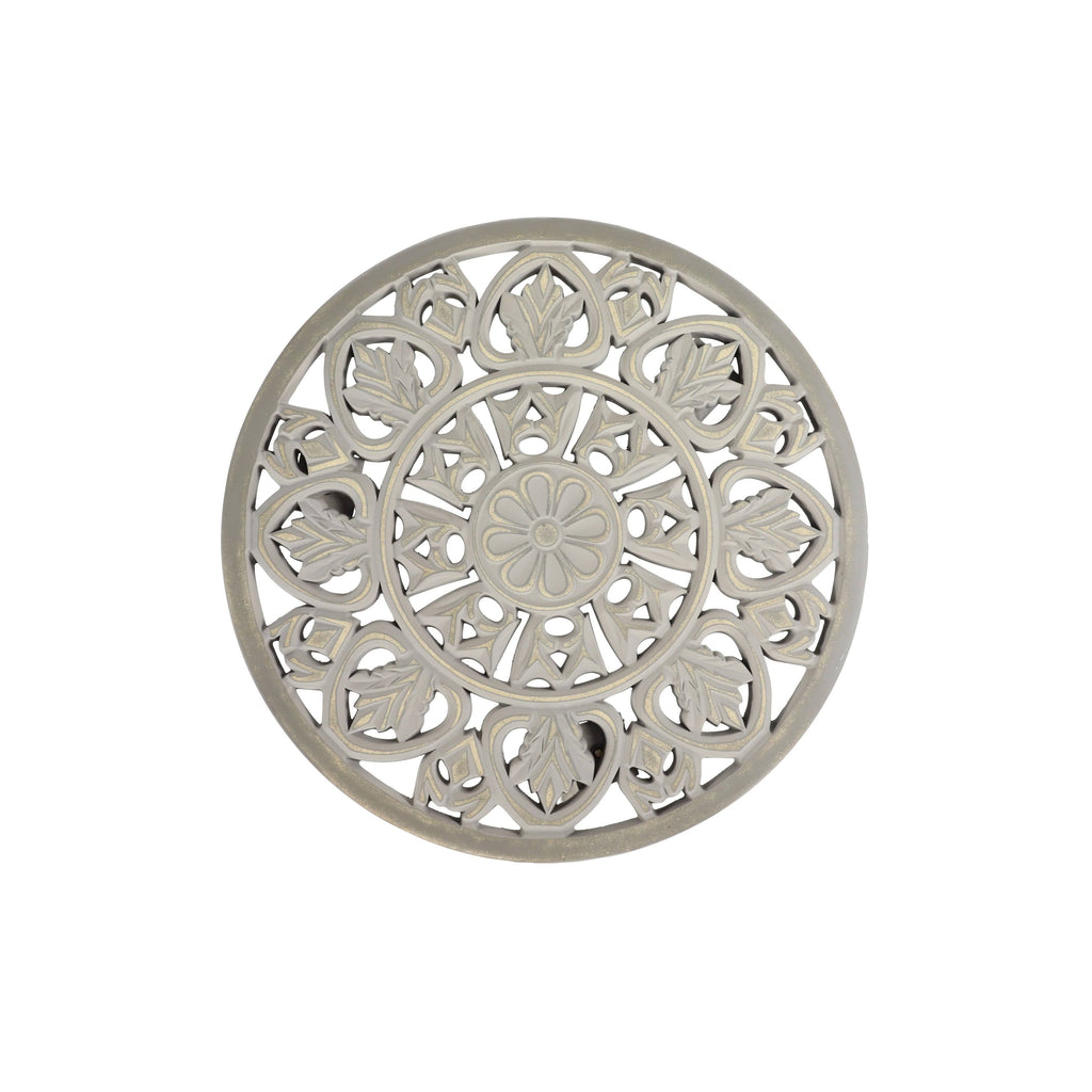 Gray Brown Carved Wood Round Accent Table J676388
