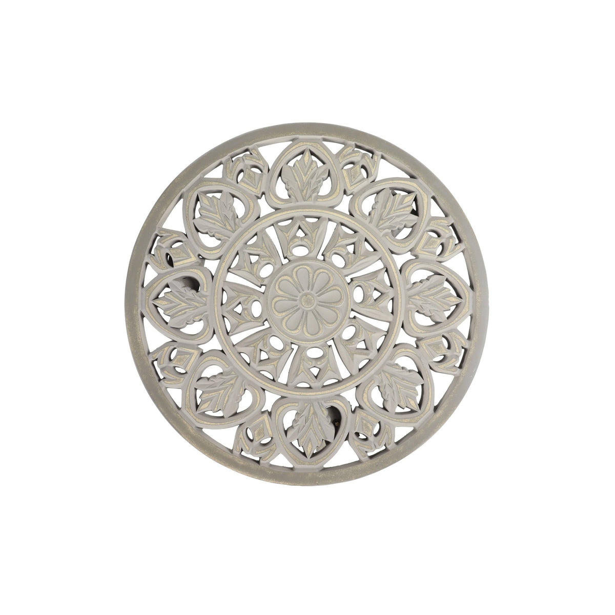 Gray Brown Carved Wood Round Accent Table J676388