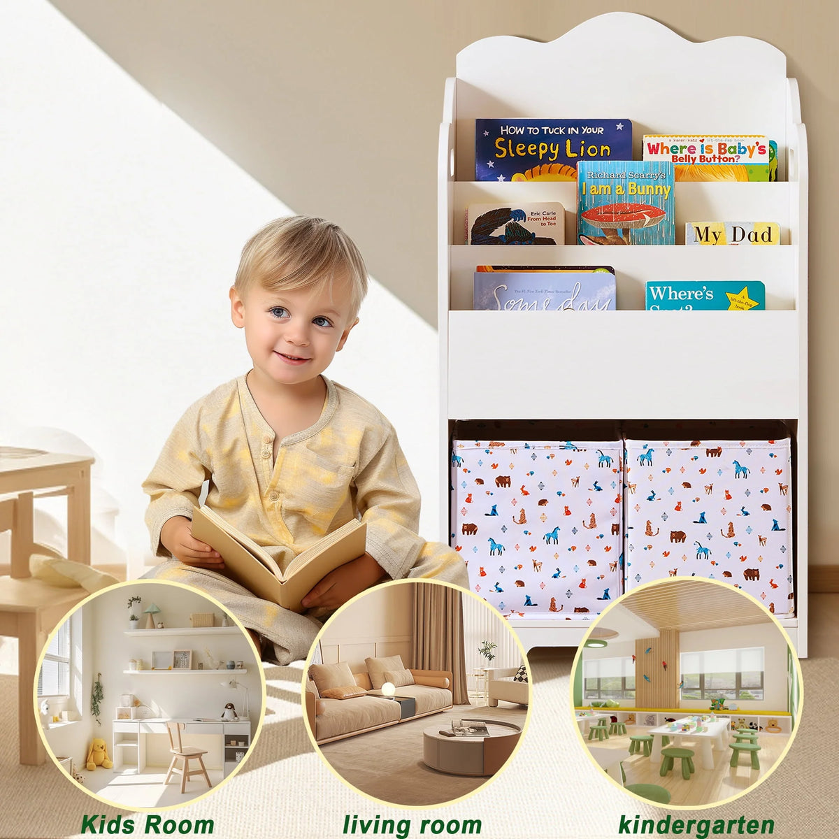 Pink Wood 4 Tier Kids Bookshelf with Toy Bin O803