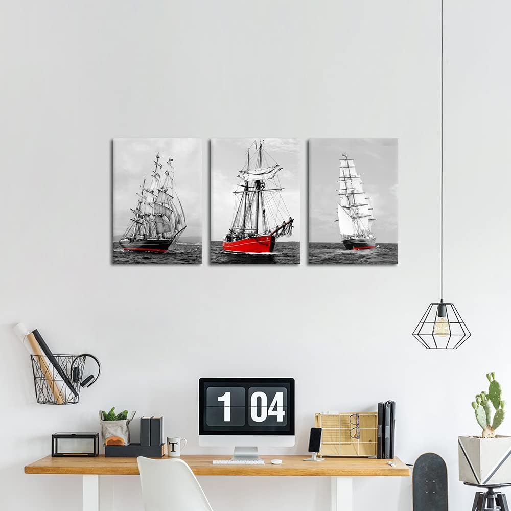 Red Sailing Ship Canvas Wall Art 12x16inch 3pcs C1667