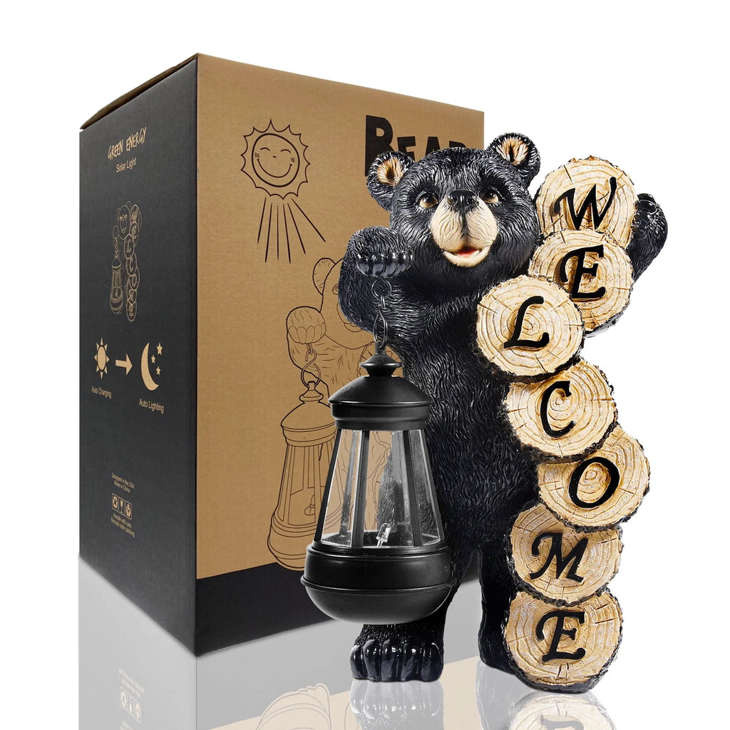 Large Black Bear Statue with Solar Lantern Light Q8423