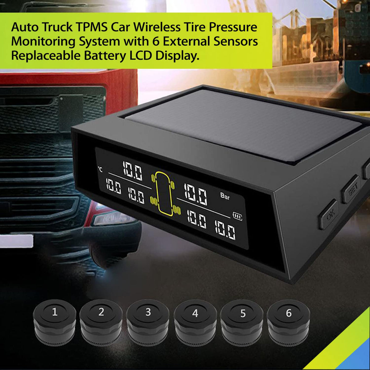 Wireless Solar Tire Pressure Monitoring System with 6 External Sensors B3134