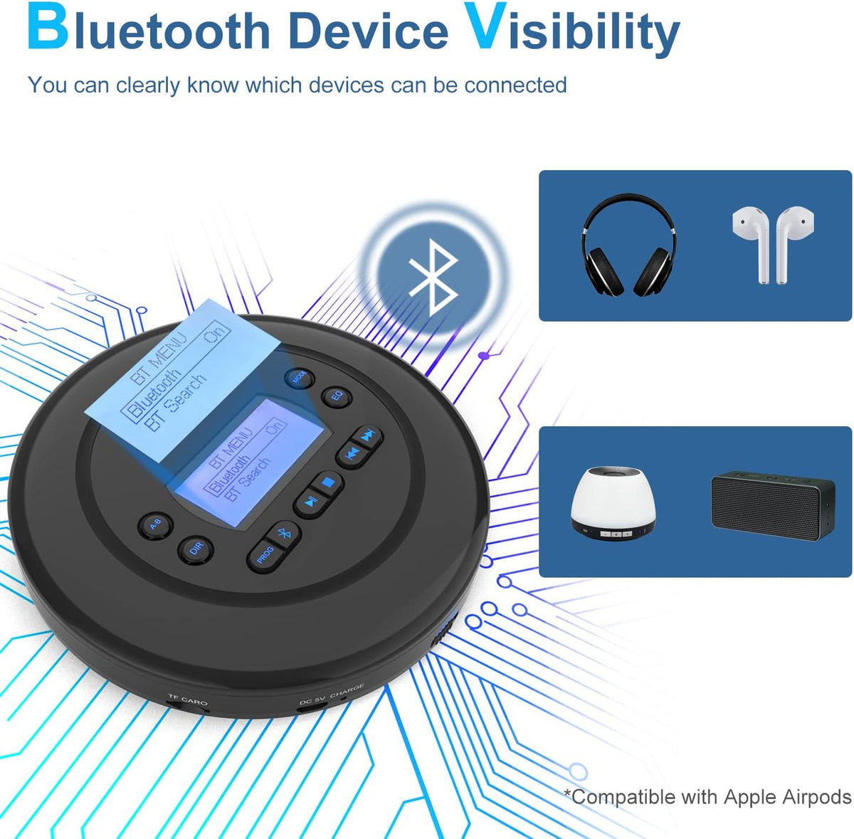 Portable Bluetooth CD Player with Dual Headphone Jack K94585