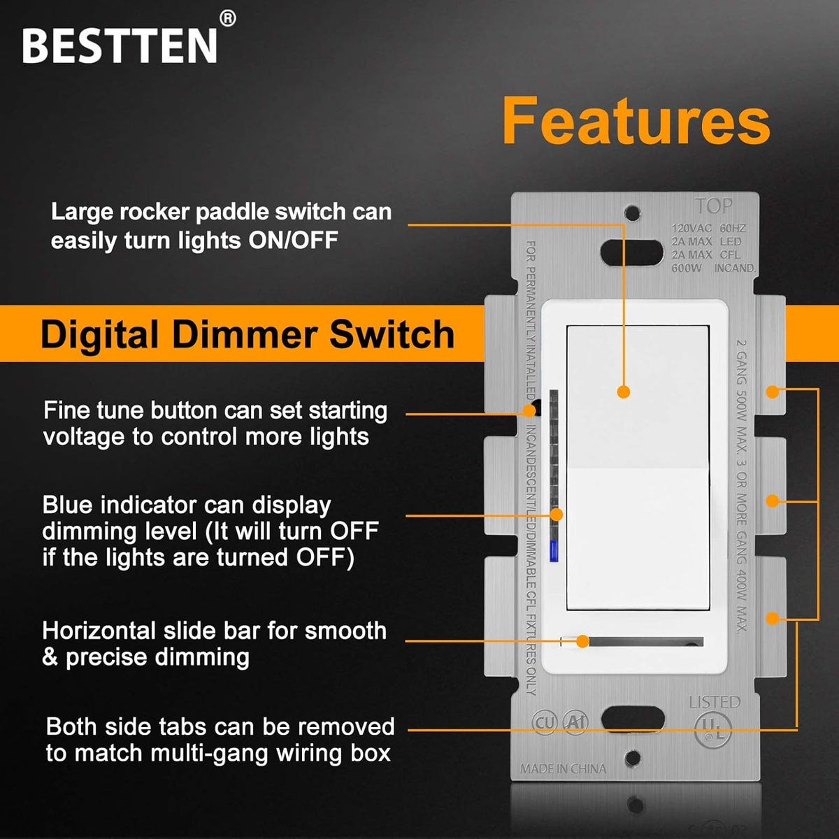 5 Pack Digital Dimmer Switch with Wallplate, White K330