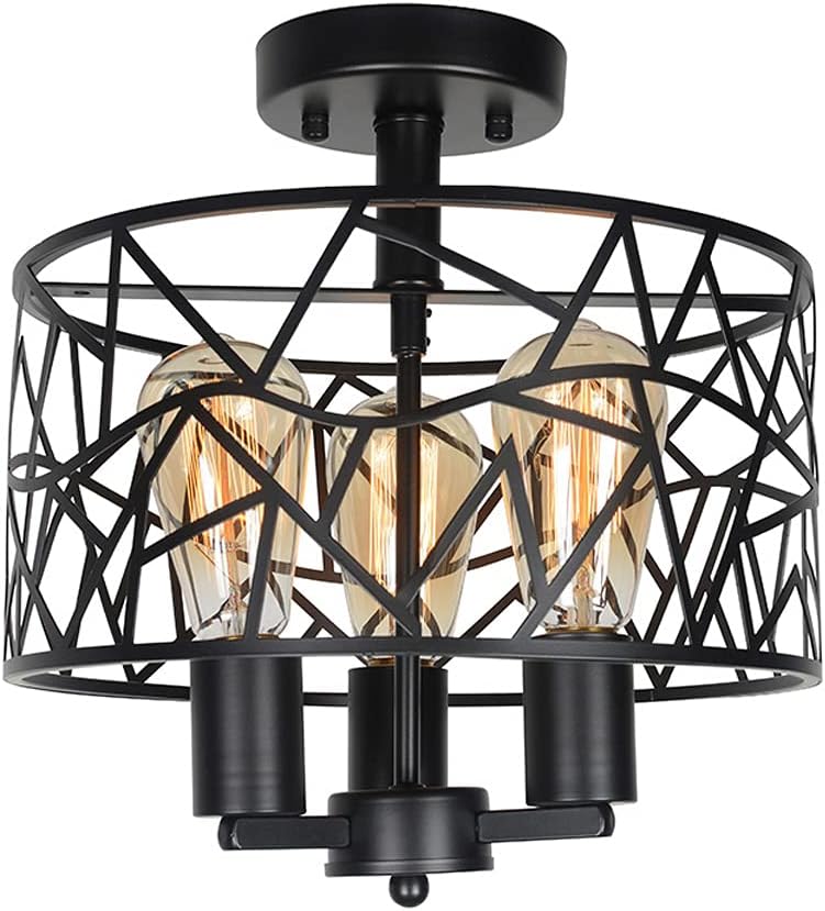 Black Metal and Wood Semi Flush Mount Ceiling Light 4 Light V829