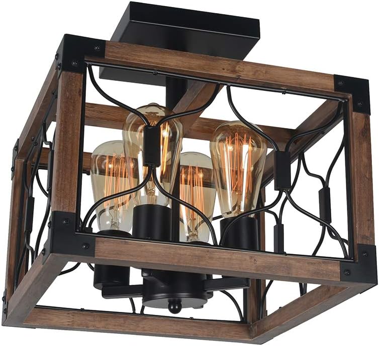 Black Metal and Wood Semi Flush Mount Ceiling Light 4 Light V829