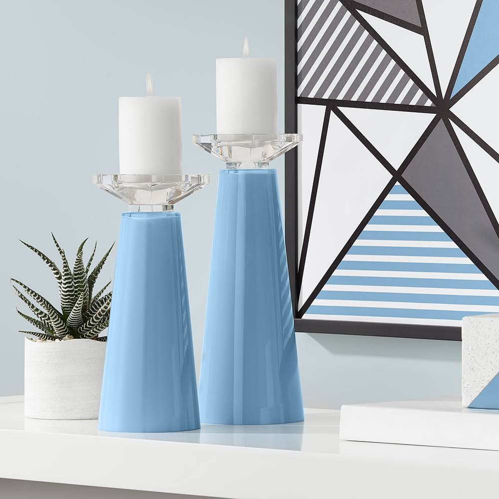 Blue Glass Pillar Candle Holder Set of 2 K85562