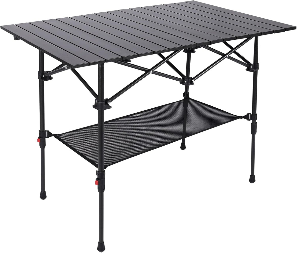 Aluminum Camping Table Roll Top with Mesh Storage, Folding Lightweight, Black, 37.4x25 Inch I245