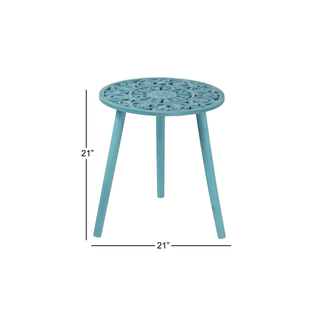 Gray Brown Carved Wood Round Accent Table J676388