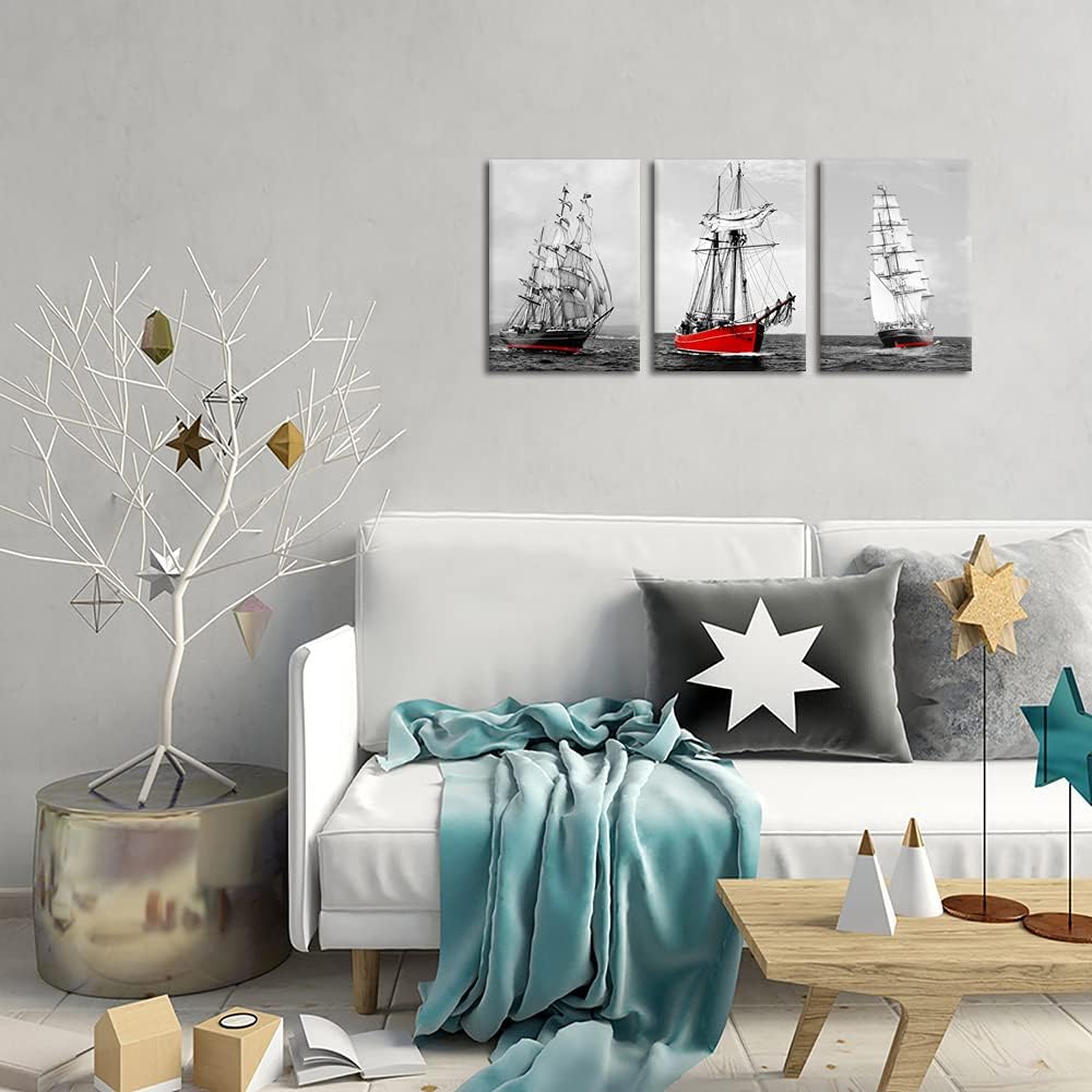 Red Sailing Ship Canvas Wall Art 12x16inch 3pcs C1667