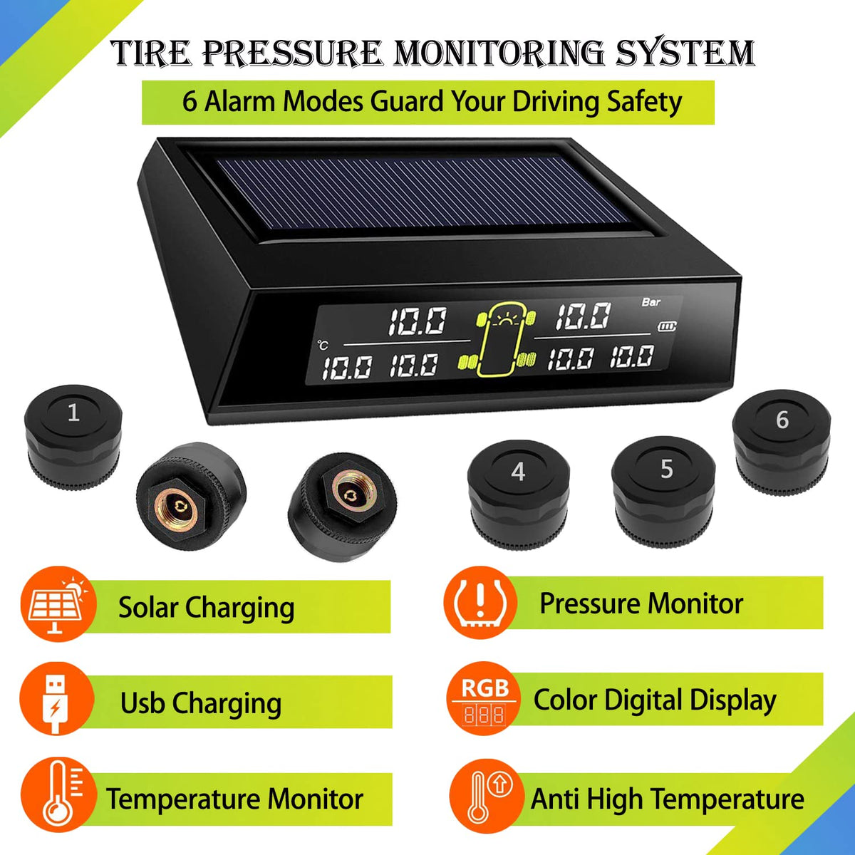 Wireless Solar Tire Pressure Monitoring System with 6 External Sensors B3134