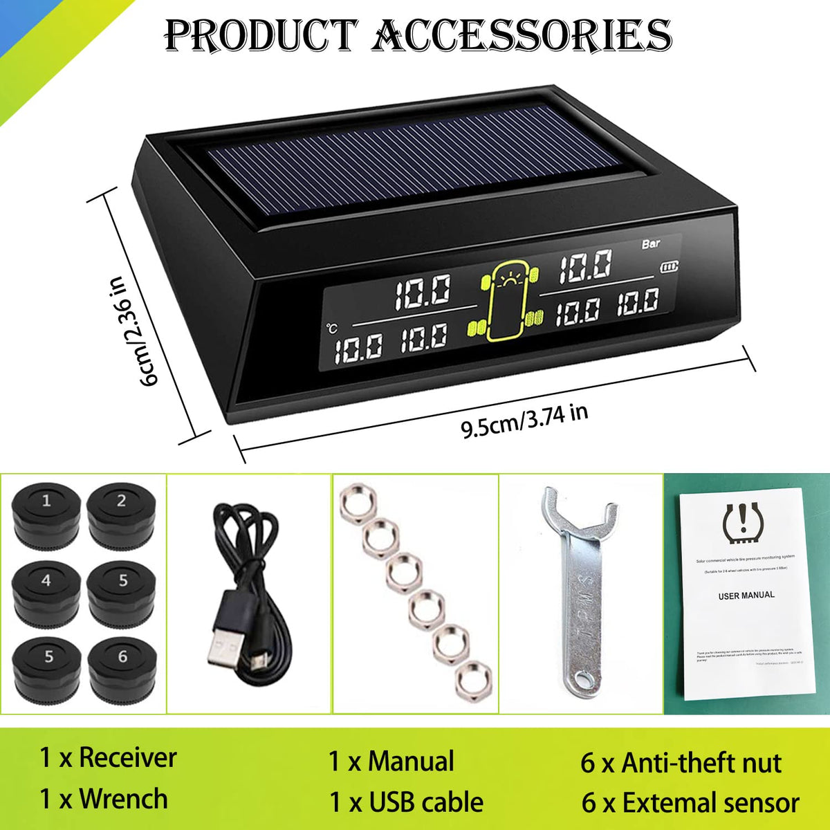 Wireless Solar Tire Pressure Monitoring System with 6 External Sensors B3134
