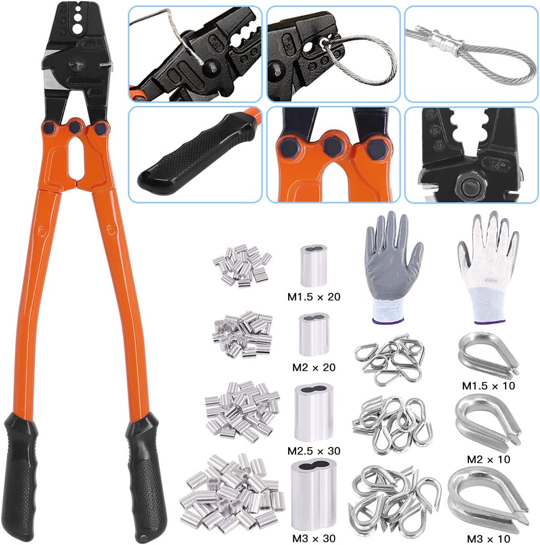 132Pcs Wire Rope Crimping Tool with Crimp Ferrules, Thimbles and Gloves T4048