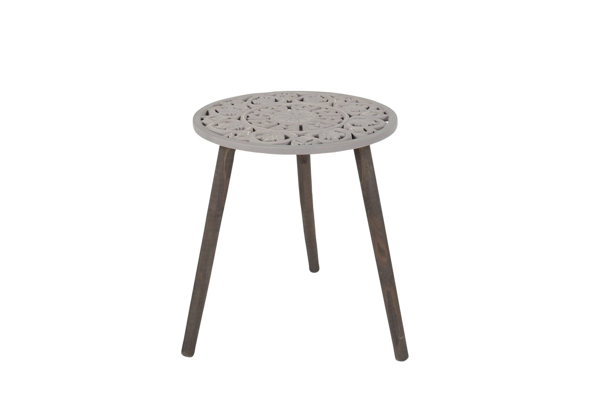 Gray Brown Carved Wood Round Accent Table J676388