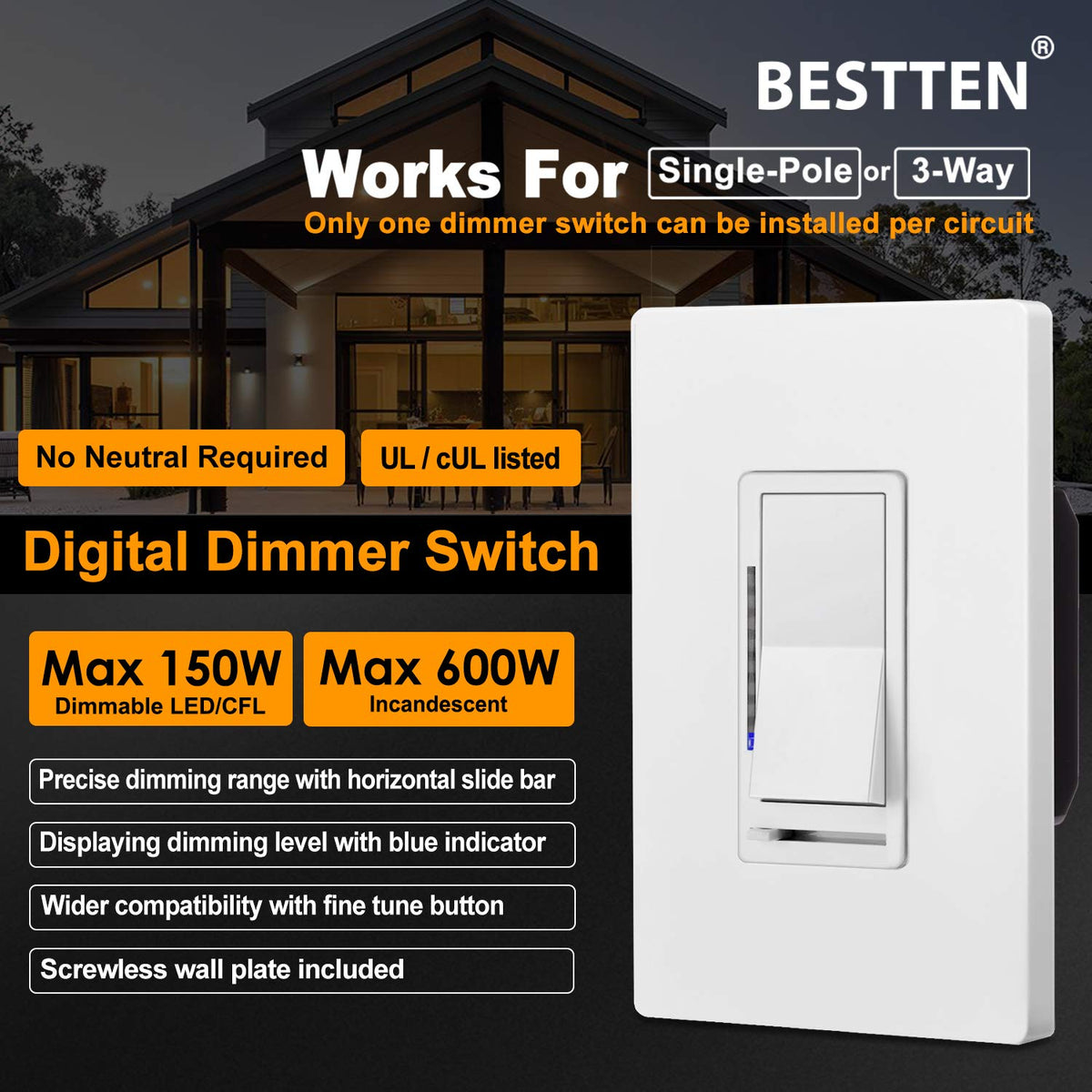 5 Pack Digital Dimmer Switch with Wallplate, White K330