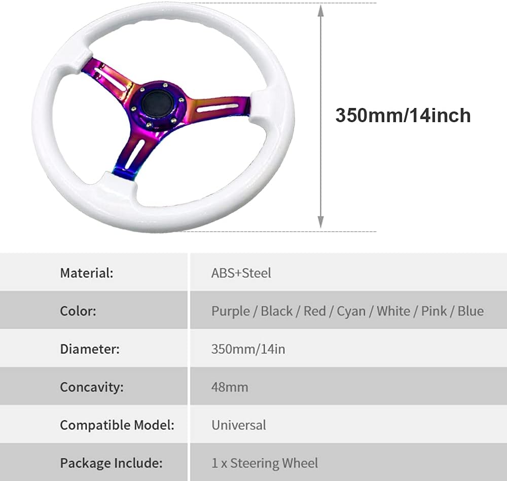 14 inch Car Racing Steering Wheel Deep Dish ABS with Horn White O3705