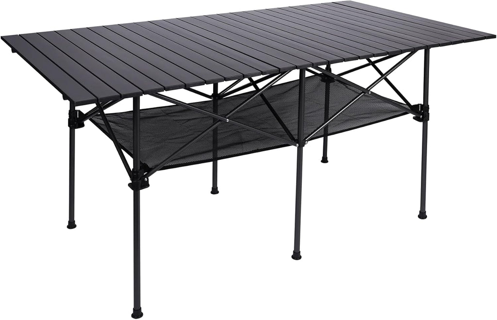 Aluminum Camping Table Roll Top with Mesh Storage, Folding Lightweight, Black, 37.4x25 Inch I245