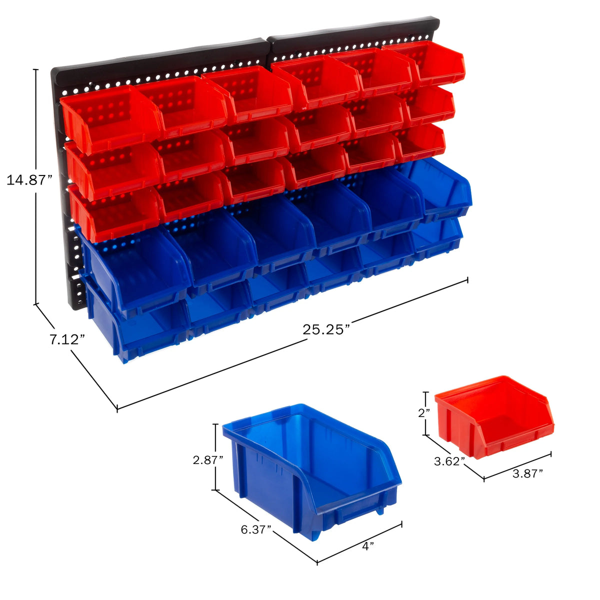 Wall-Mounted Garage Storage Bins 30-Compartment Black Red Blue K64524