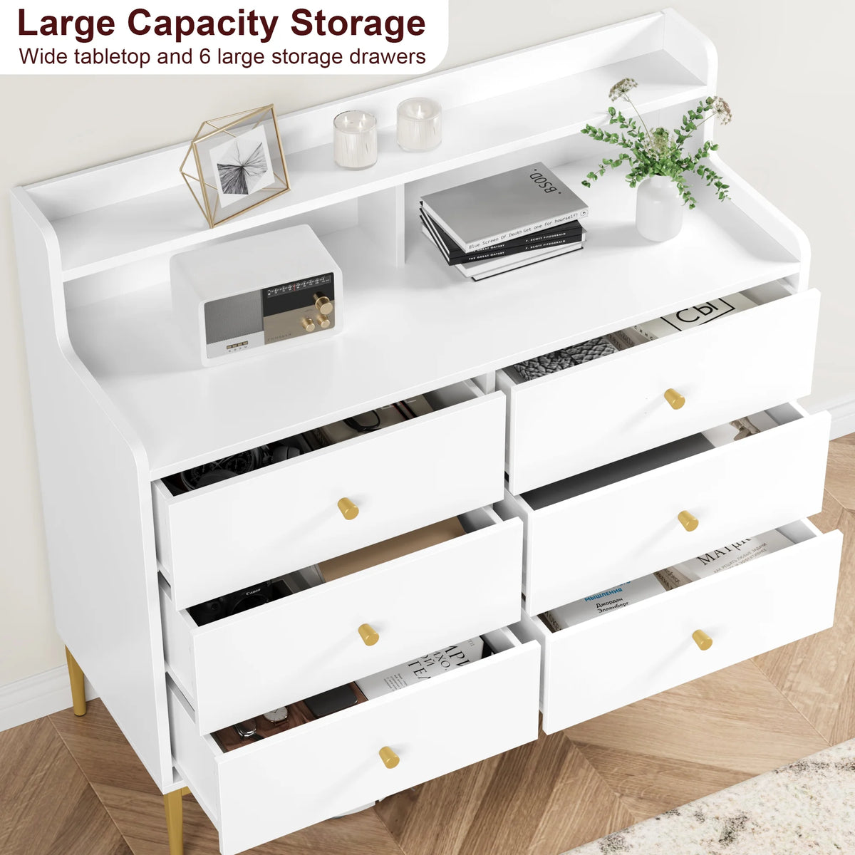 White 6 Drawer Wood Dresser with Hutch R4731