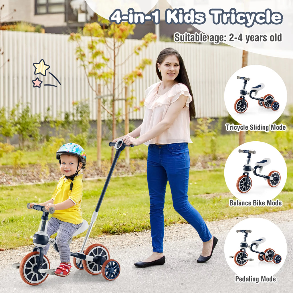 4 in 1 Kids Tricycles with Push Handle & Training Wheels Navy U577139