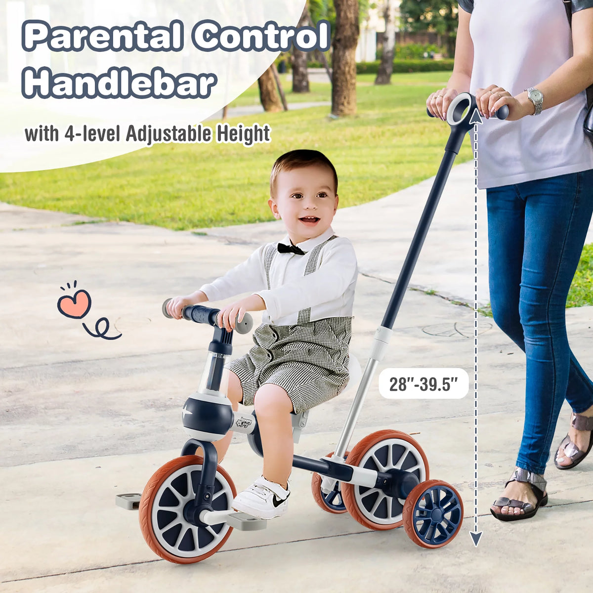 4 in 1 Kids Tricycles with Push Handle & Training Wheels Navy U577139