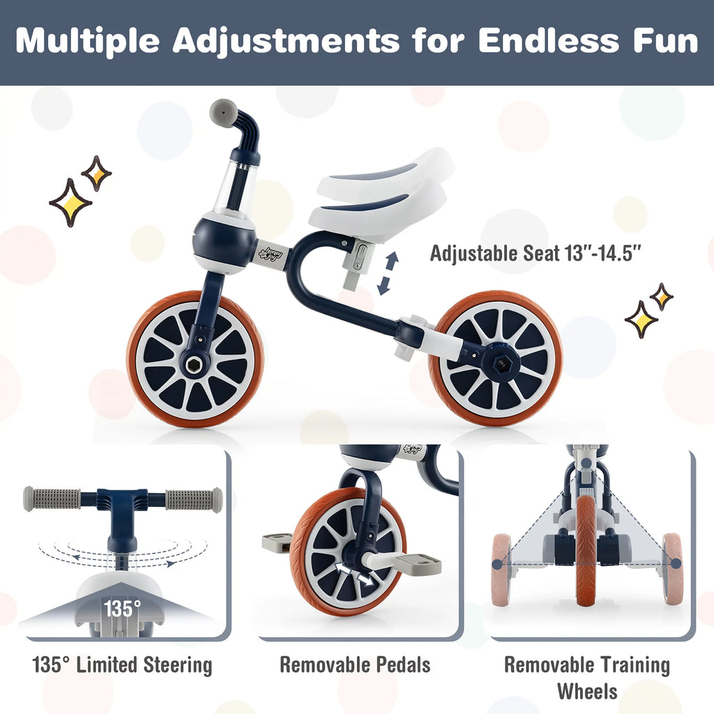 4 in 1 Kids Tricycles with Push Handle & Training Wheels Navy U577139