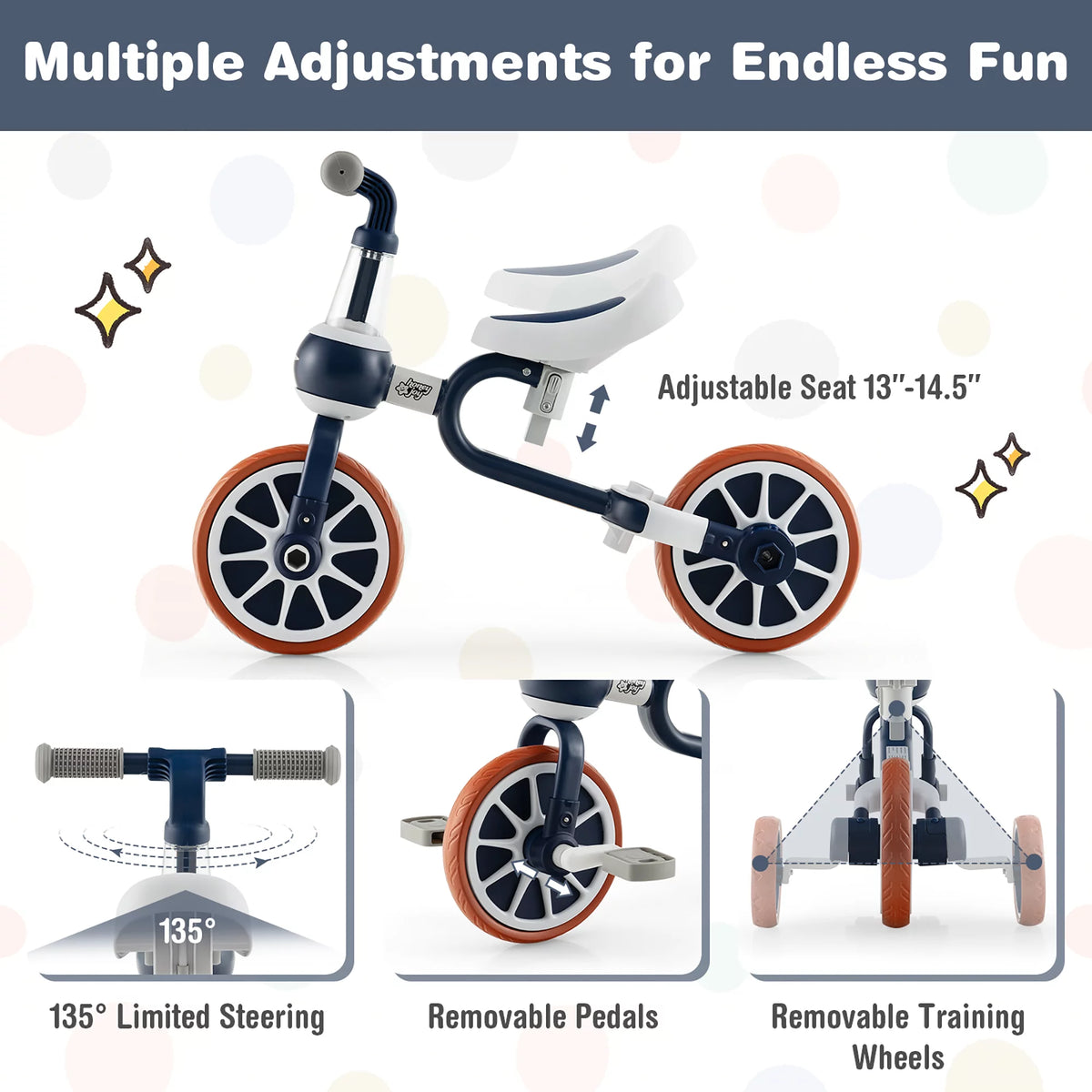 4 in 1 Kids Tricycles with Push Handle & Training Wheels Navy U577139