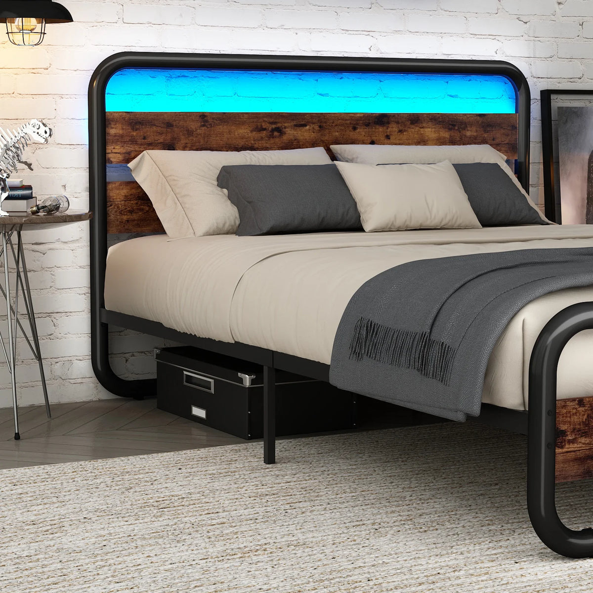 Queen Size LED Bed Frame with Wood Headboard and Under-Bed Storage T47021