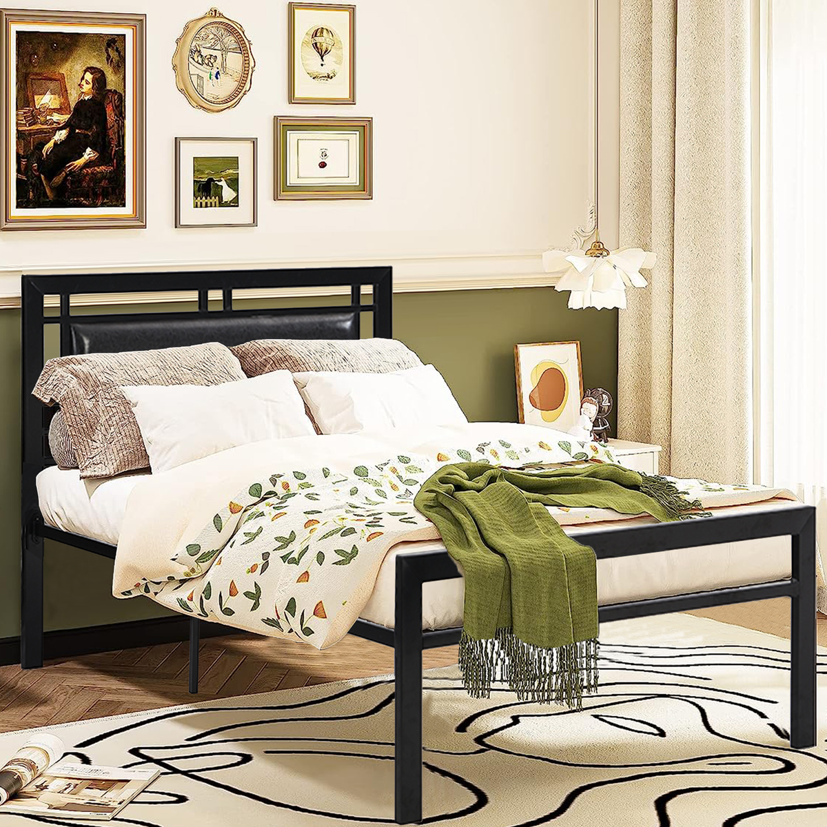 Twin Size Black Platform Bed Frame with Headboard J153