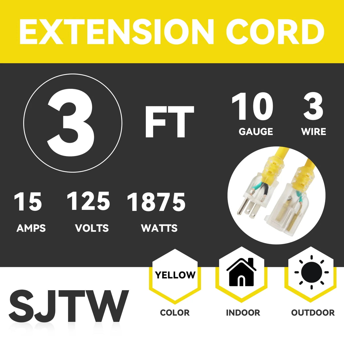 25 Ft 10/3 SJTW Yellow Outdoor/Indoor Extension Cord L263