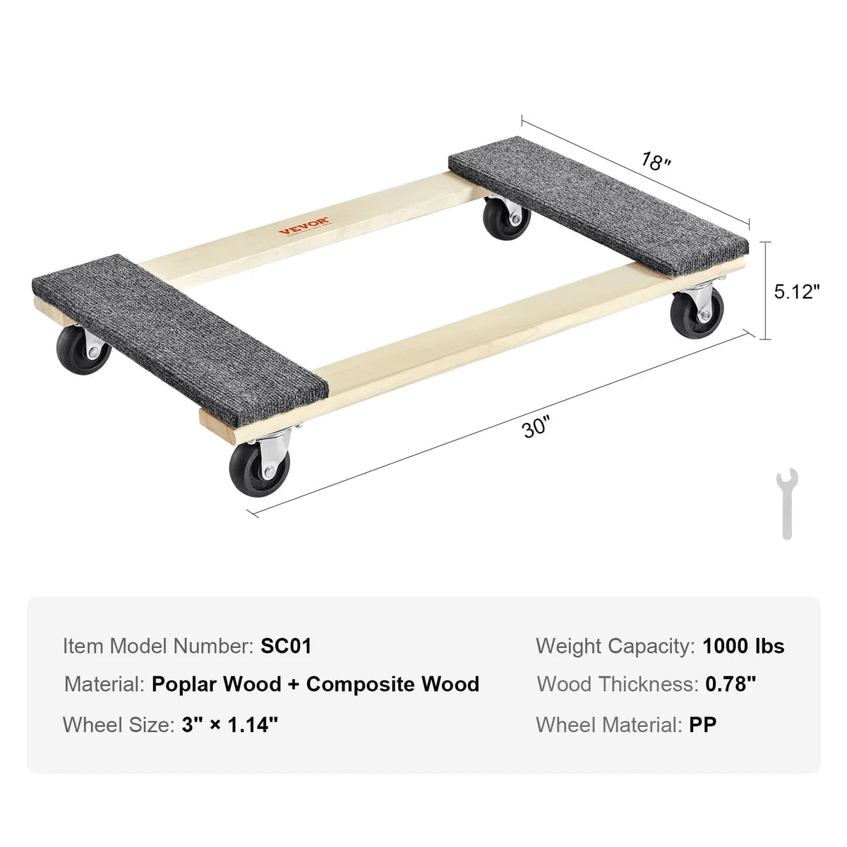 Furniture Dolly 1000 lb Capacity 4 Rolling Wheels Wood Z282143