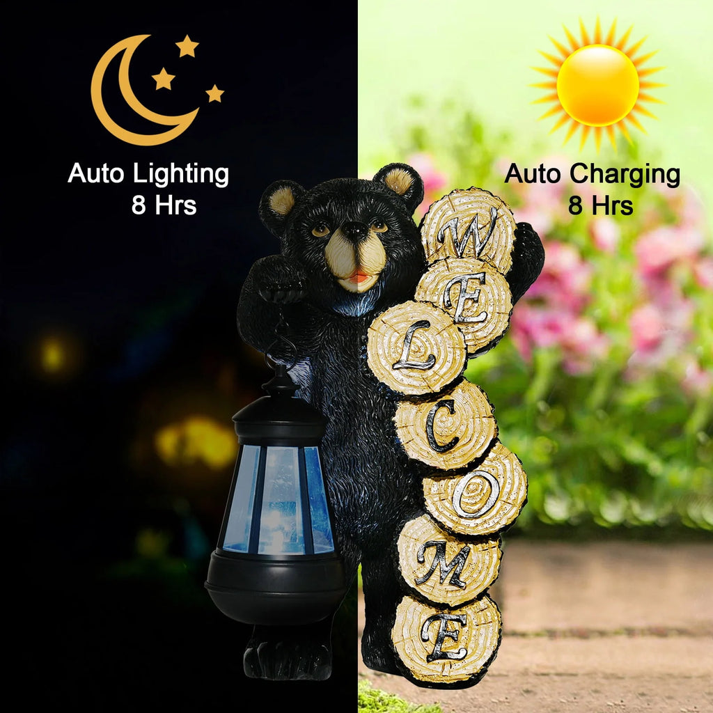Large Black Bear Statue with Solar Lantern Light Q8423