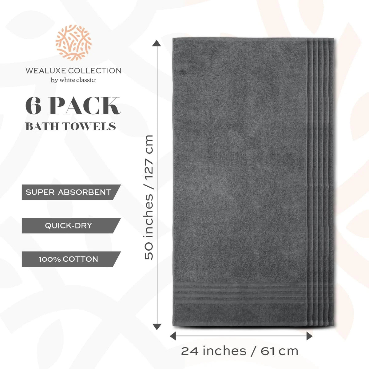 Cotton Bath Towels 24x50 Inch 6 Pack White P26850