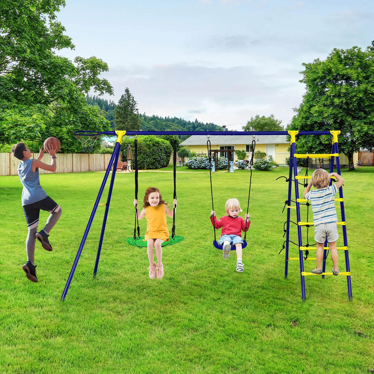 Kids Swing Set with Basketball Hoop & Climbing Ladder S96014