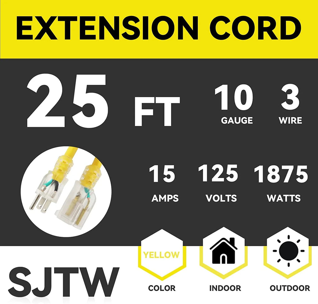 25 Ft 10/3 SJTW Yellow Outdoor/Indoor Extension Cord L263