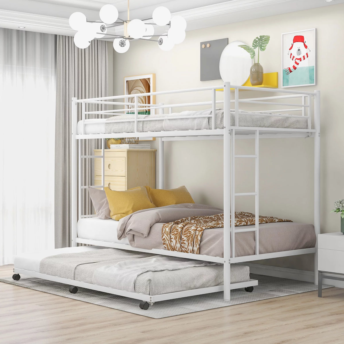 Black Metal Twin over Twin Bunk Bed with Trundle V3997