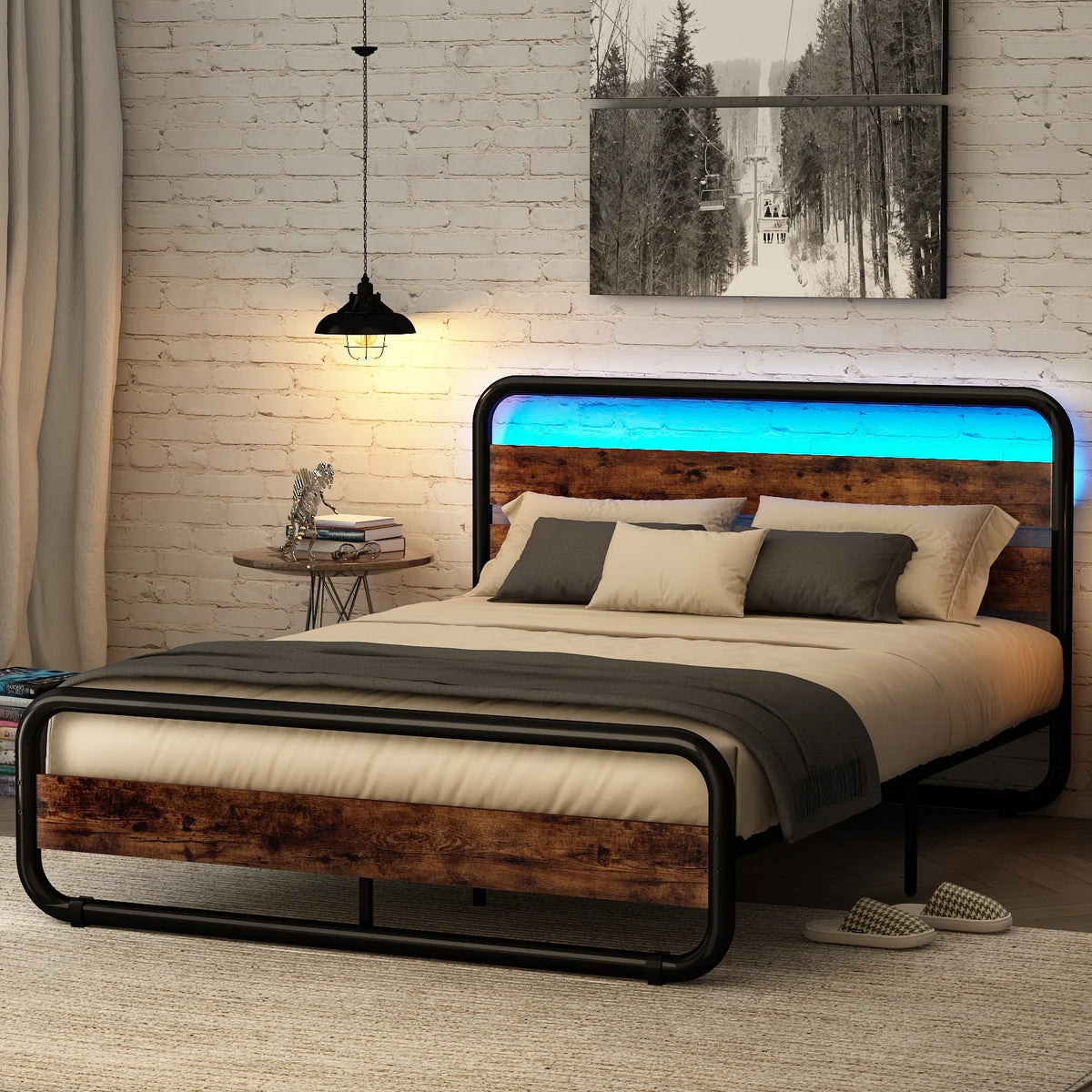 Queen Size LED Bed Frame with Wood Headboard and Under-Bed Storage T47021