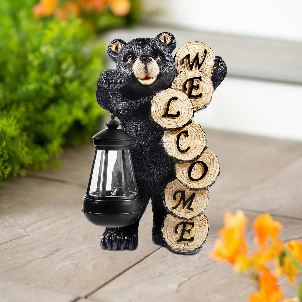 Large Black Bear Statue with Solar Lantern Light Q8423