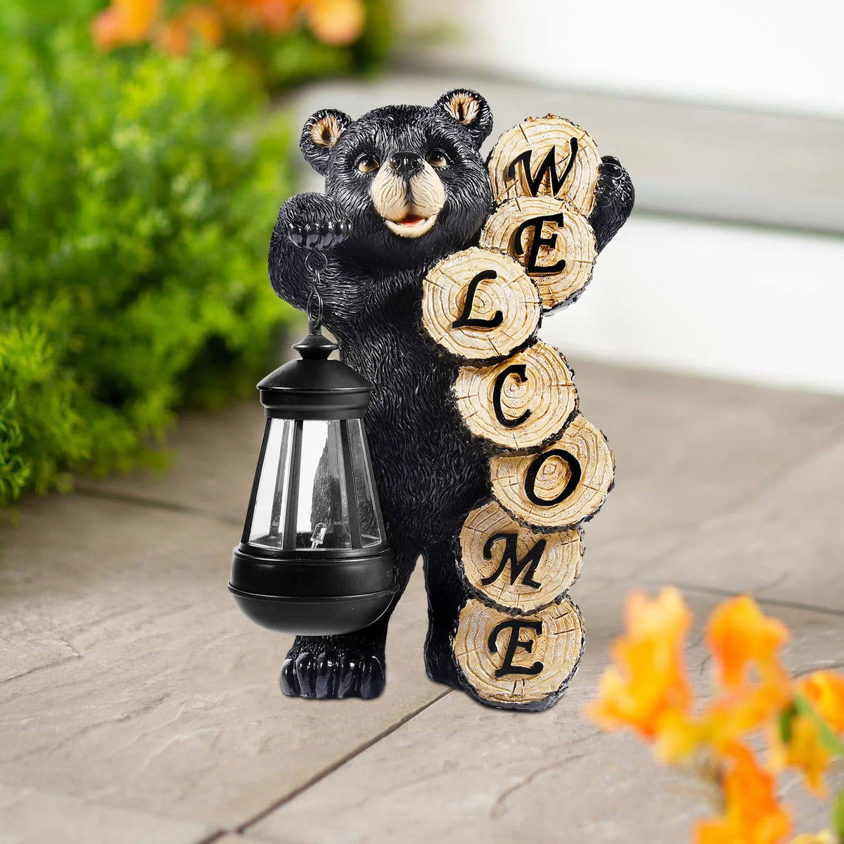 Large Black Bear Statue with Solar Lantern Light Q8423