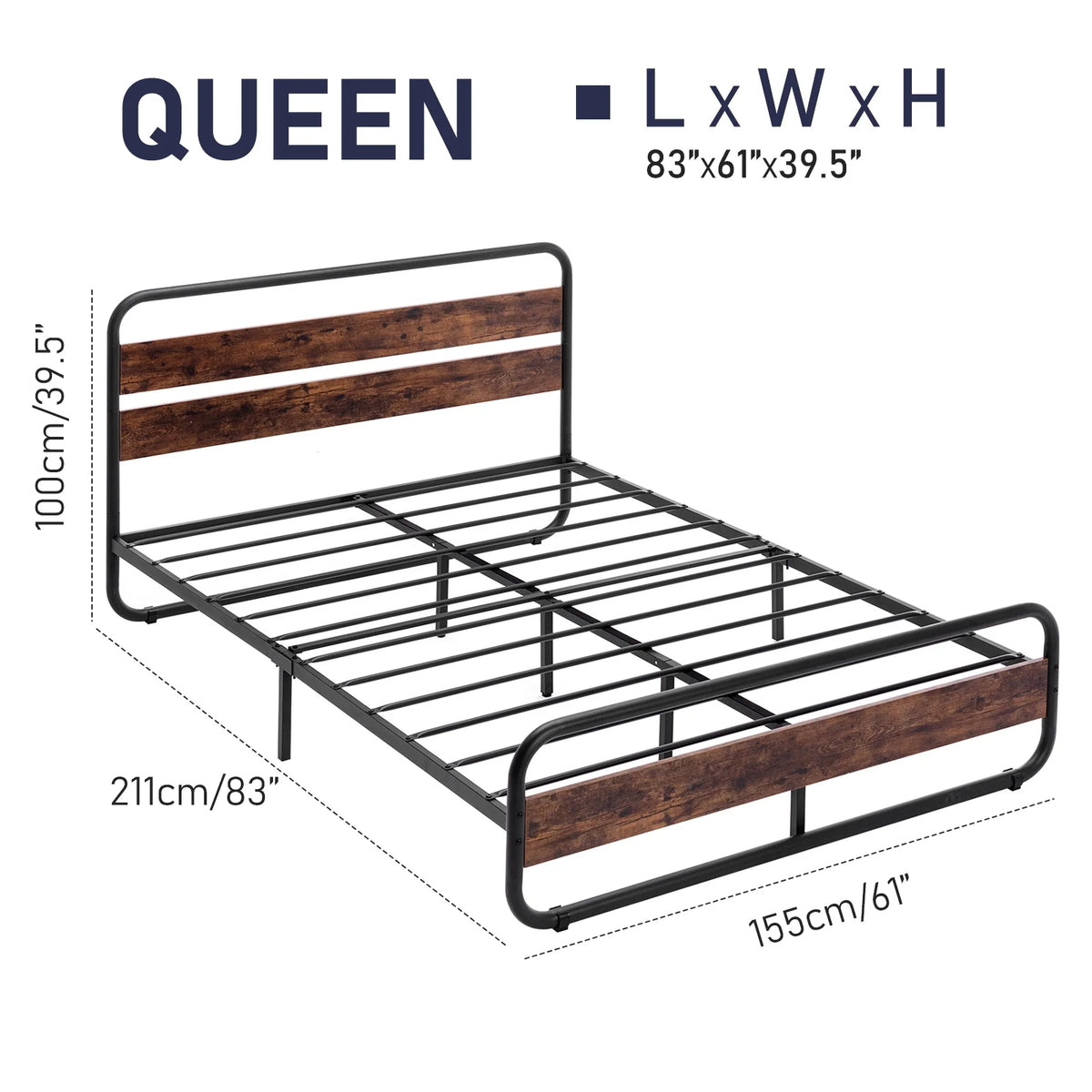 Queen Size LED Bed Frame with Wood Headboard and Under-Bed Storage T47021