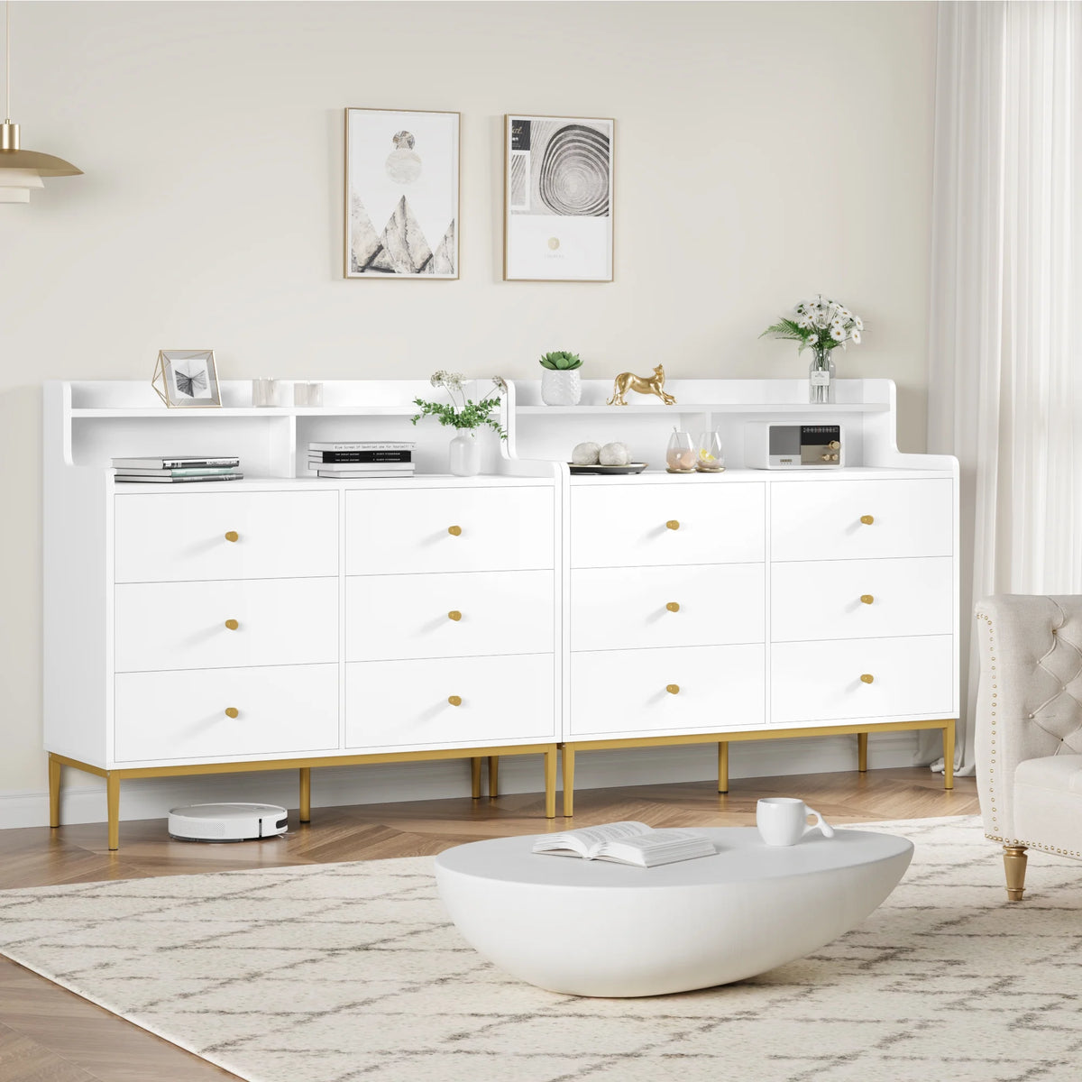 White 6 Drawer Wood Dresser with Hutch R4731