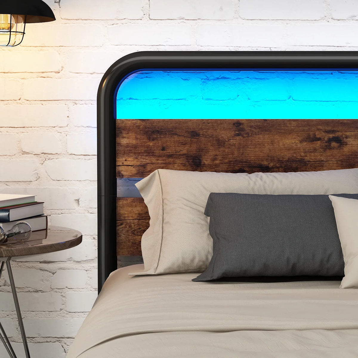 Queen Size LED Bed Frame with Wood Headboard and Under-Bed Storage T47021