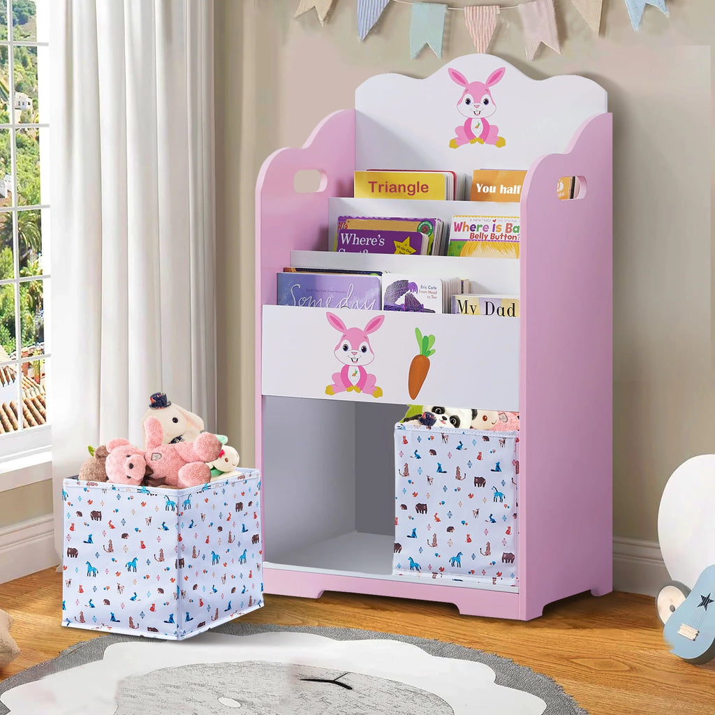Pink Wood 4 Tier Kids Bookshelf with Toy Bin O803