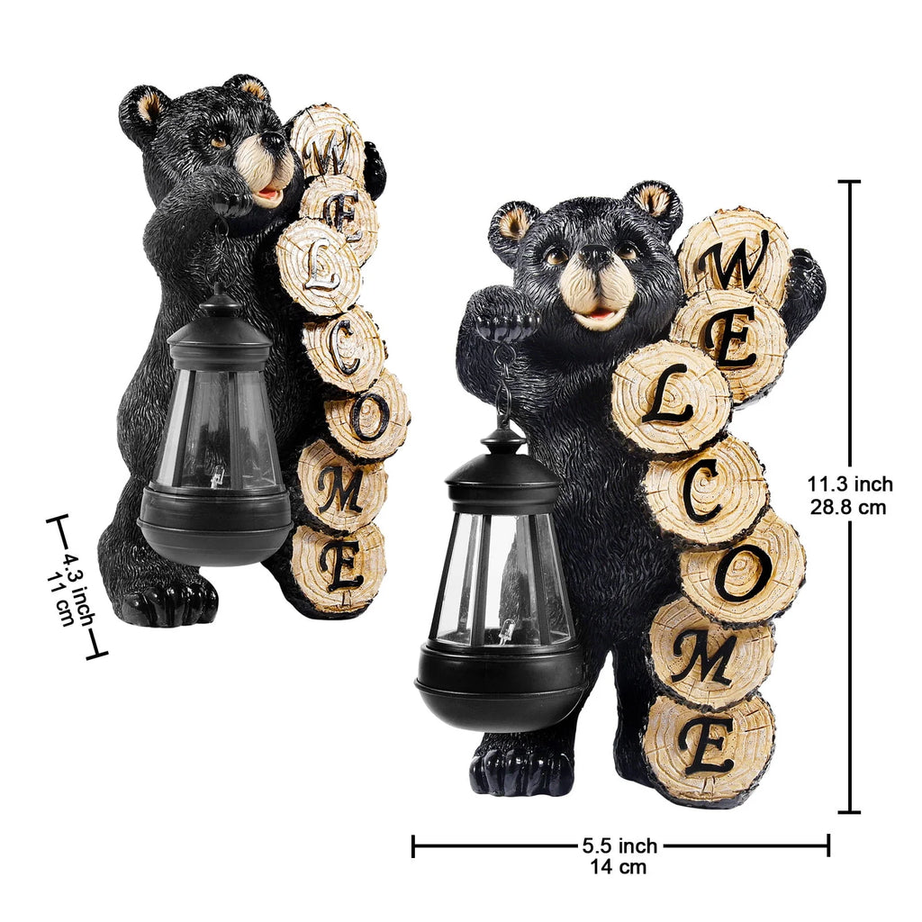 Large Black Bear Statue with Solar Lantern Light Q8423