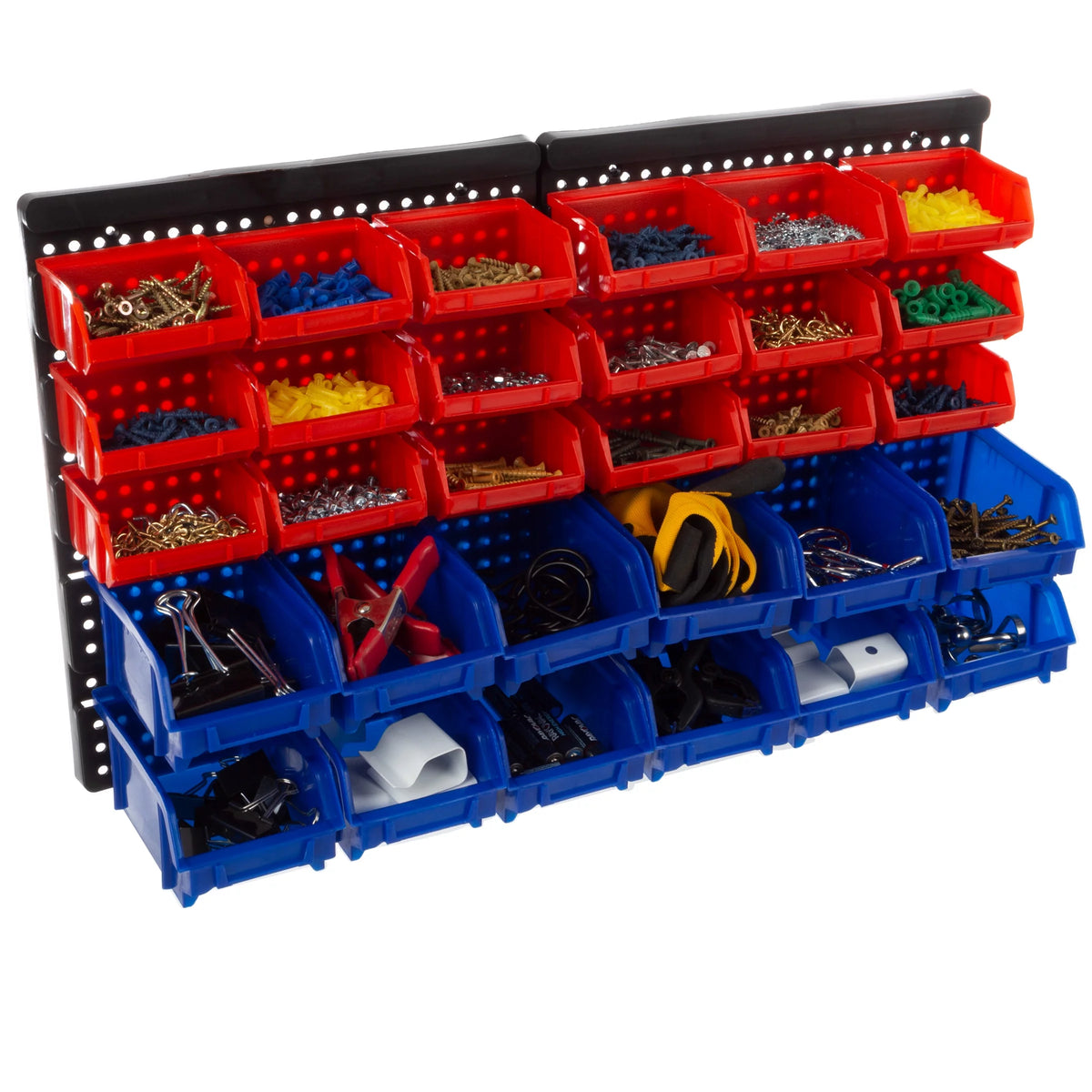 Wall-Mounted Garage Storage Bins 30-Compartment Black Red Blue K64524