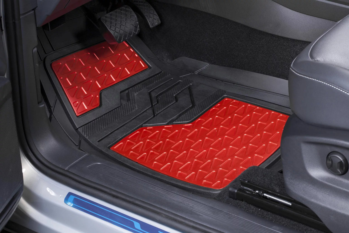 4PC Rubber Floor Mats Metallic Plate Red Universal Fit H936